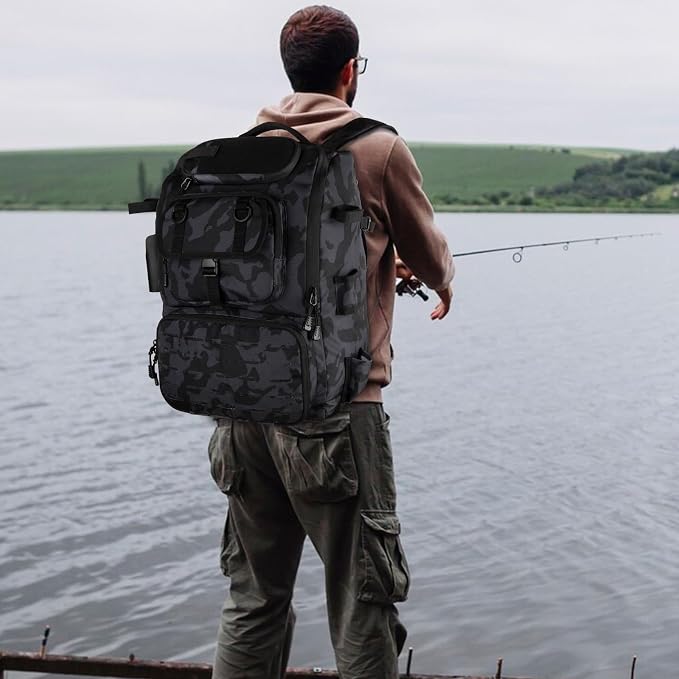 Hp hope Fishing Backpack with Rod Holders & Cooler, 40L Fishing Tackle Bag Fishing Tackle Storage Backpack Fishing Gear for Camping, Black Camo