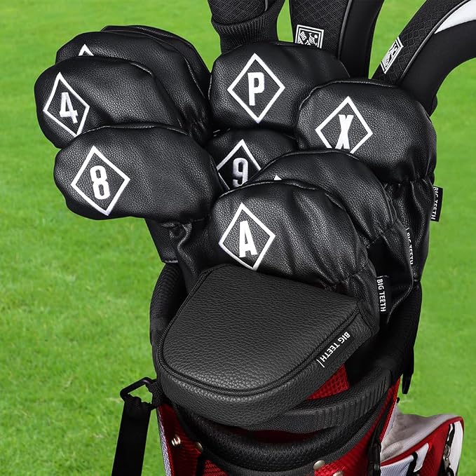 BIG TEETH Golf Iron Head Covers 10Pcs Set Long Neck Golf Club Protector Leather with Number Tag fit for Taylormade All Brands