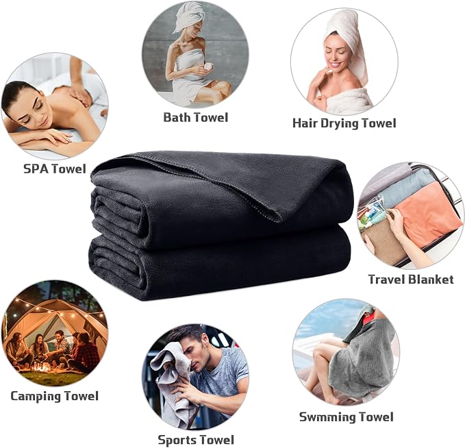 Mixweer 2 Pcs Oversized Bath Towels, 40 x 80 Inch Giant Microfiber Jumbo Bath Sheets Ultra Soft Bathroom Microfiber Quick Dry Absorbent Shower Towels for Spa Camping Beach (Black)