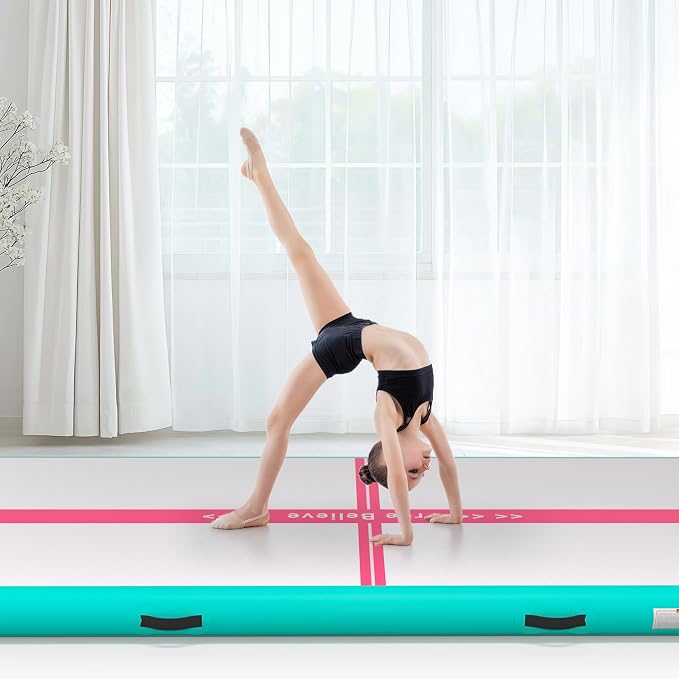 Pink Gymnastics Mat Inflatable Tumble Track Mats 10/13/16/20ft Training Mats for Home Air Mat for Kids with Pump 4”/6” Thick for Cheerleading/Yoga/Exercise/Parkour/Beach/Park/Water