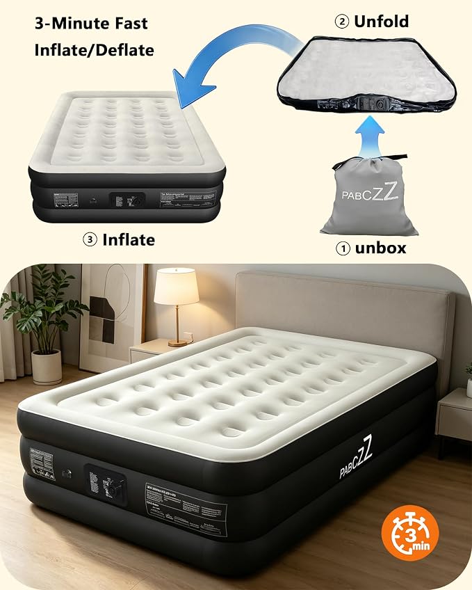 air Mattress Full with Built in Pump – 18-Inch Thickened air Bed Suitable for Camping, Home use, and Guest Accommodation, Supports Up to 600 Pounds (Black, Full)