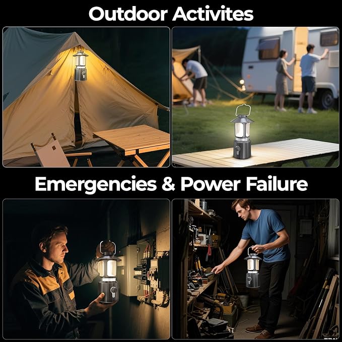 LED Camping Lantern, 8000mAh Telescopic Vintage Rechargeable Lantern, Dual Light Source & 3 Light Modes (2000K-6500K), 360° Lighting Emergency Lights for Camping, Home Power Outage, Hurricane, Hiking