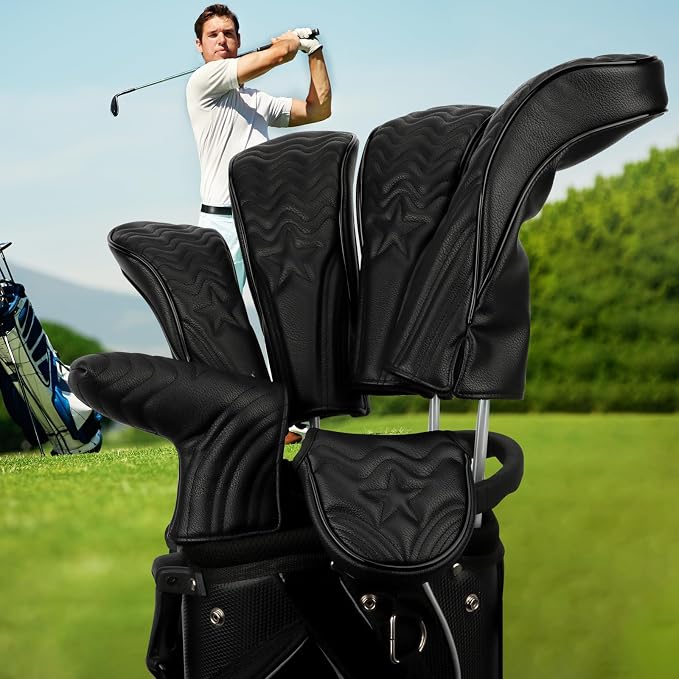 4pcs or 1pc Golf Club Head Covers for Woods, Driver, Fairway, Hybrid – Premium PU Leather with Interchangeable Tags & Magnetic Blade and Mallet Putter Covers