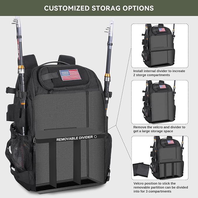 Bagenerous 39L Fishing Tackle Backpack with Rod Holders & Cooler,Water-resistant Fishing Gear Storage Bag with Protective Rain Cover,Black