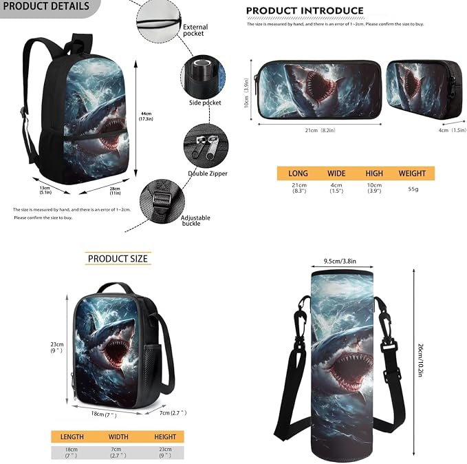 Shark Backpack for Boys with Lunch Box Kids School Bag and Lunch Bag Pencil Case Water Bottle Holder Set pf 4 School Accessories Back to School Supplies