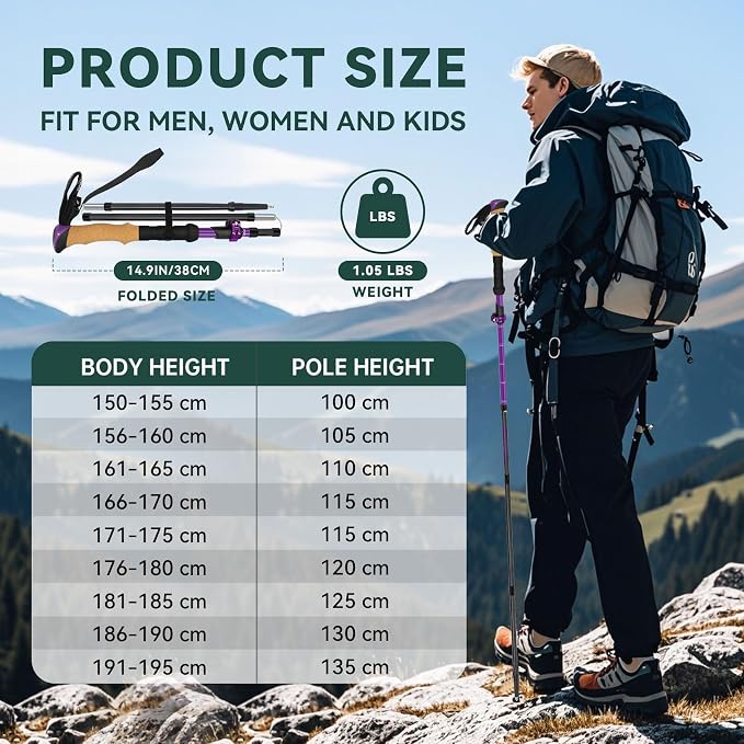 Carbon Fiber Trekking Poles - Lightweight Collapsible Hiking Poles, 2 PCS Nordic Hiking Sticks for Travel, Backpacking Walking Sticks for Men, Women, Seniors with Cork Grip & Quick-Lock System