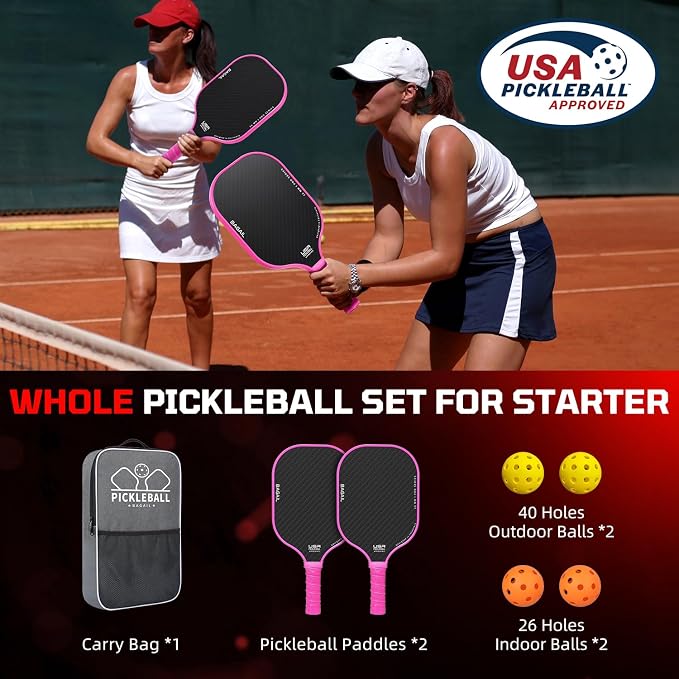 BAGAIL Pickleball Paddles, USAPA Approved Fiberglass Surface Pickleball Set, Lightweight Pickle Ball Rackets with 4 Balls, 1 Bag, Designed in California for Traction and Stability