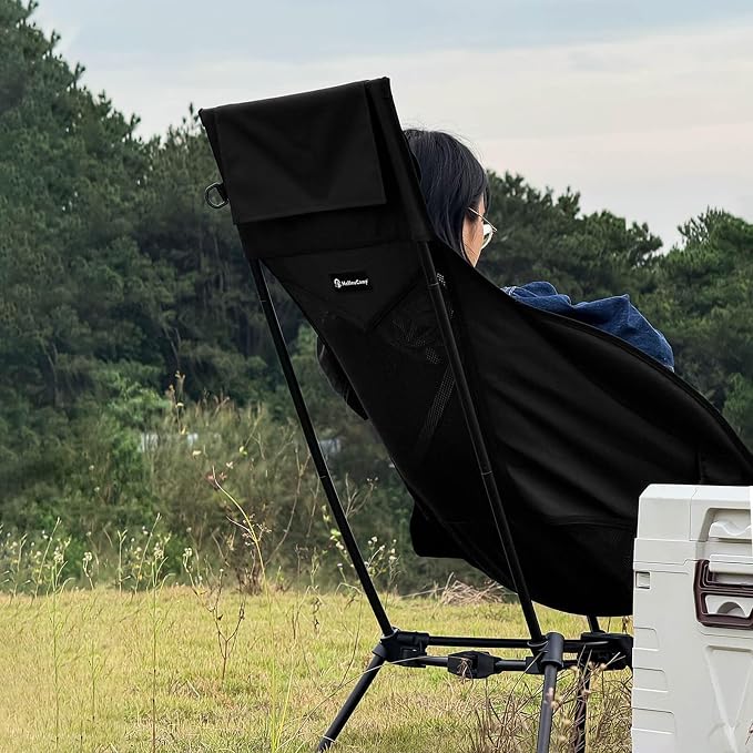 MellowCamp Folding High Back Camping Chair with Pillow, Portable Lightweight Chair Supports 374 lbs for Car Camping, RV, Tailgating, Beach, Fire Pit, Festival (Black)