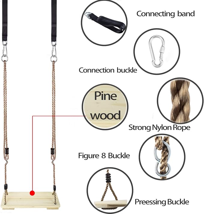 Outdoor Swing, KINSPORY Swing Set for Backyard, Adjustable Nylon Rope with Hanging Tree Straps Kit, Wooden Swing Seat for Indoor Outdoor Porch Patio Garden Playgroud Swing Set Accessories