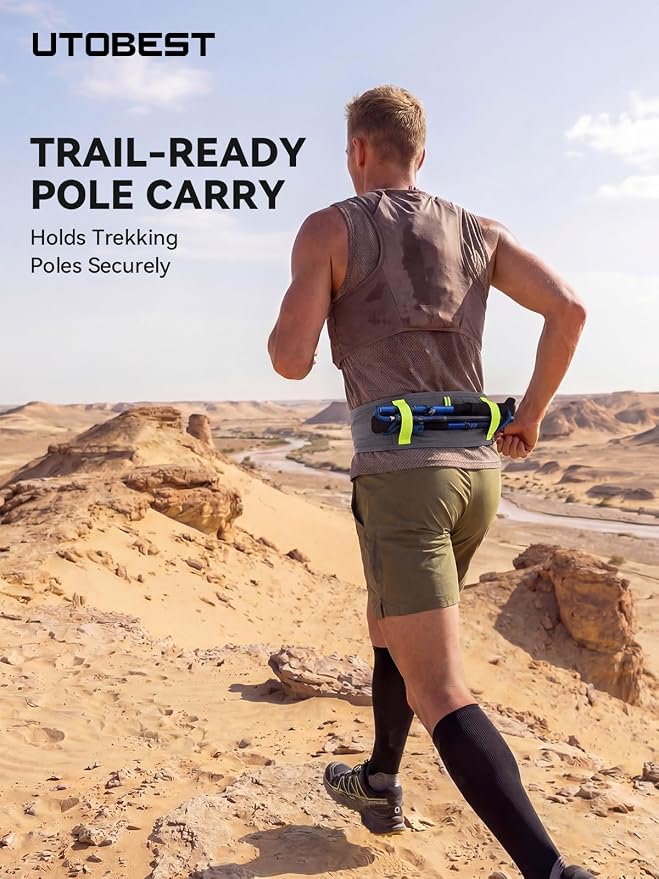 UTOBEST Running Belt for Men & Women, Bounce-Free Running Waist Pack Fits All Phones, 4-Pocket No Zipper Trail Running Belt Fits 500ml Soft Flask, Pole Carry Straps for Race, Trail (B7 Pro-Grey, XL)