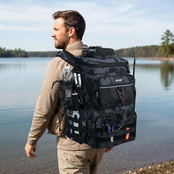 Goture Fishing Backpack with 4 Tackle Boxes, 900D Water-Resistant Tackle Backpack with Rod Holders,Insulated Cooler Compartment, 55L Large Capacity Fishing Gear Storage Bag for Saltwater & Freshwater