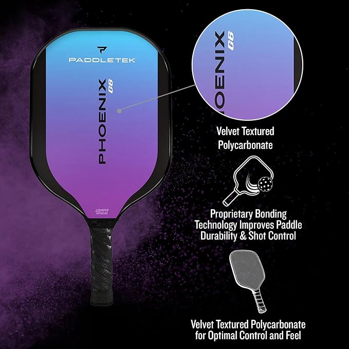 Paddletek Phoenix G6 Pickleball Paddle | Professional Pickleball Paddles with Honeycomb Core, Polycarbonate Surface, Graphite PolyCore & High Tack Performance Grip | USAPA Approved