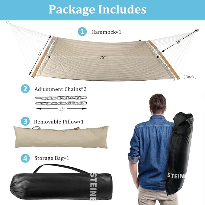 Double Hammock, 11 FT Quilted Fabric 2 Person Hammock for Outside with Pillow, Folding Curved Spreader Bar, Chains, Carrying Bag, Indoor Outdoor, 450 IB Capacity, Trinidad Red