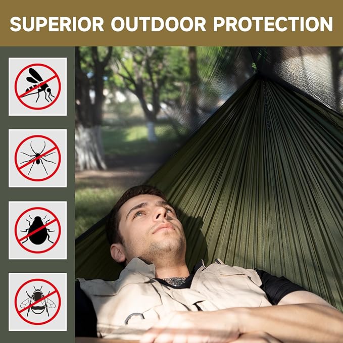 Camping Hammock with Net and Rain Fly, Lightweight Hanging Hammocks Tree Straps Hammock for Outside, Hiking, and Travel