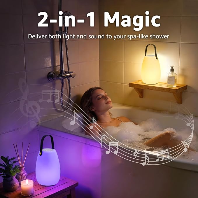 FUYO Shower Lamp with Speaker 16 Colors with Remote, Shower Lights Waterproof, Bluetooth Speakers with Lights Dual Pairing HD Stereo Sound for Indoor Outdoor Bathroom Party Pool Patio (Tally)