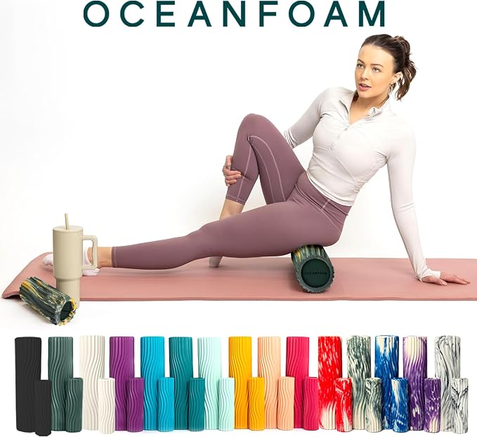 Oceanfoam Ripple Travel Foam Roller (11" x 3.35") Firm Mini Foam Roller for Physical Therapy, Deep Tissue Massage, Back Pain - High Density, Wave Textured - Yoga (Hunter, Gold & Natural Marbled)