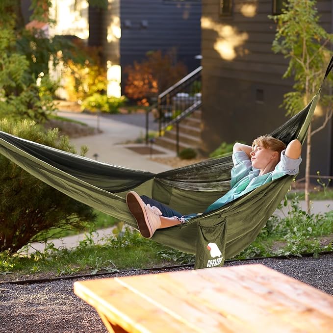COVACURE Camping Hammock - 772lbs Capacity Portable Hammock with Tree Straps, Durable Parachute Nylon Travel Hammock, Outdoor Camping Gear for Hiking, Backpacking, Travel or Backyard (Army Green)
