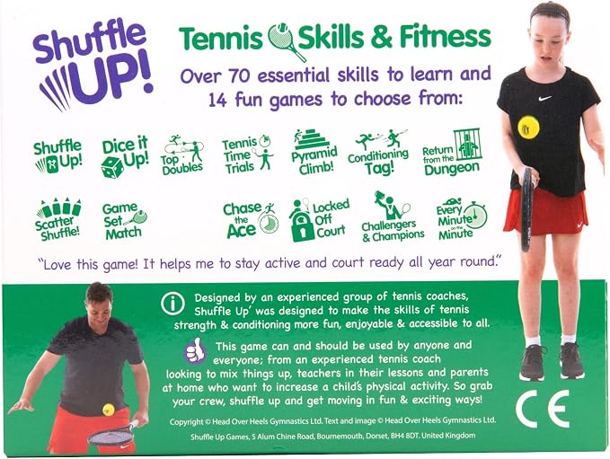 Shuffle Up Tennis Card Games - 70+ Fun & Active Skills Cards for Kids, Fitness Card Develop Fundamentals, Stamina & Strength, Easy to Play for Kids | Multiple Skill Level Cards Include 2 Dices