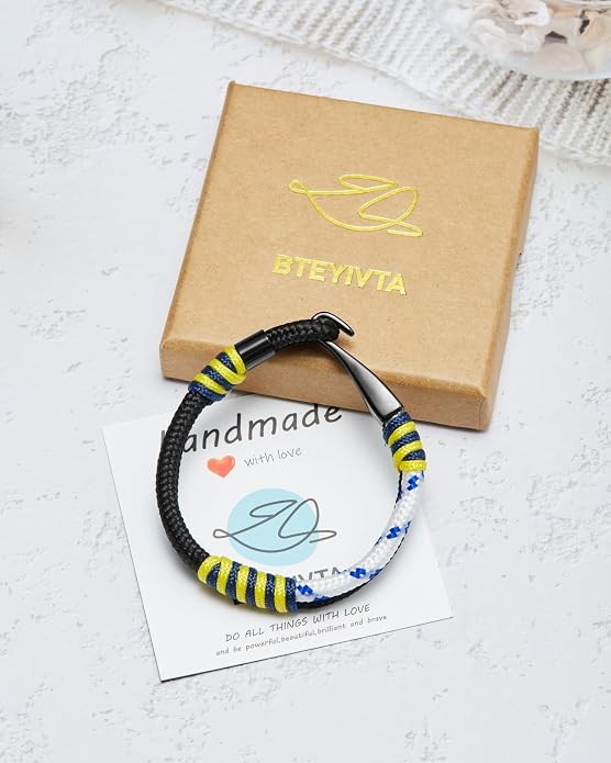 Men's Nautical Anchor Cuff Bracelet, Handmade Black & Blue Stainless Steel Rope Wristband with Lobster Claw Clasp