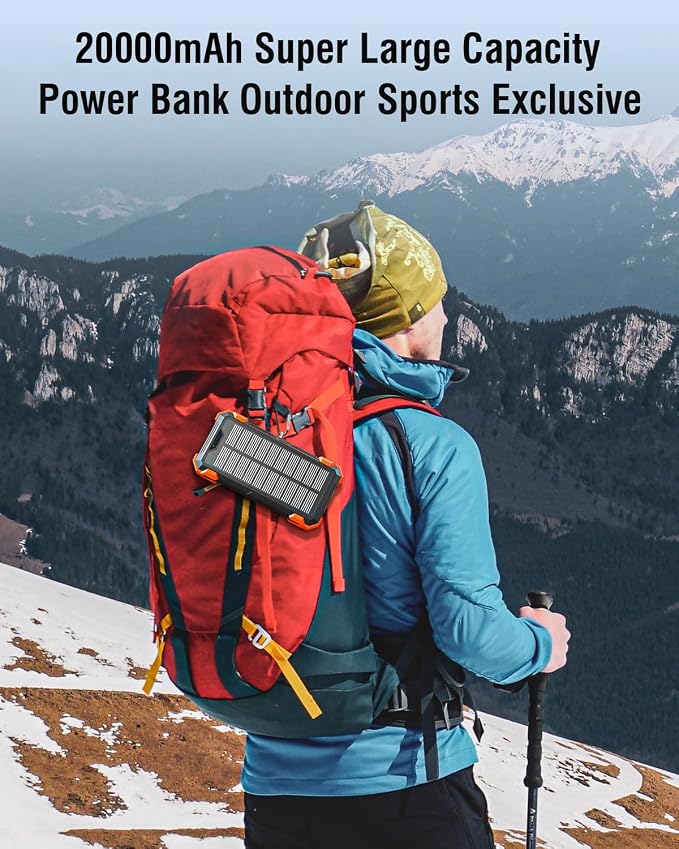 Solar Power Bank 20000mAh with Built-in 4 Cables, Wireless Portable Charger USB-C 3A Fast Charging for iPhone Samsung, Battery Pack with Flashlight, Thermometer, Solar Charger for Camping Travel