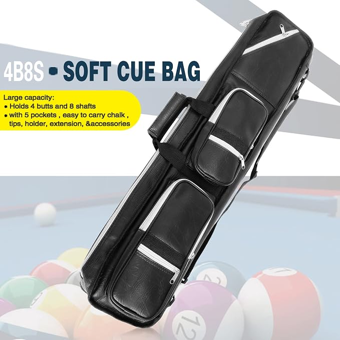 4x8 Pool Cue Case Billiard Stick Carrying Case Leatherette Soft Cue Bag Hold 4 Butt 8 Shaft Black