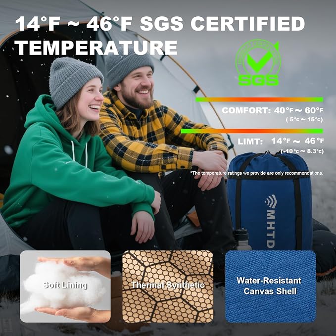 Double Sleeping Bag for Adults All Season 0 Degrees Heavy Duty Two Person Sleeping Bag for Camping Cotton Canvas YKK Zipper Portable