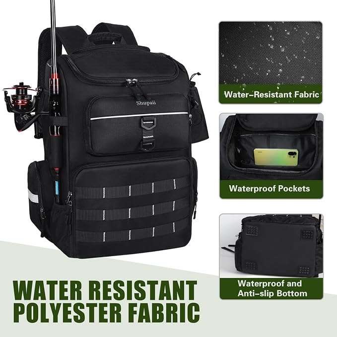 Large Fishing Backpack, Waterproof fishing bag with Rod Holders, 45L Tackle Box Backpack, Fishing Gear Gifts for Men, Tackle Boxes No Including