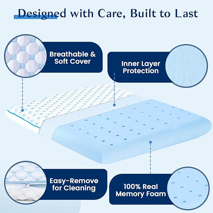 Stomach Sleeping Pillow for Shoulder and Neck Pain Relief, Thin Pillow for Sleeping- Cooling Memory Foam Pillows Flat Pillows for Stomach Sleepers,Low Profile 3.25-inches for Back Sleeper