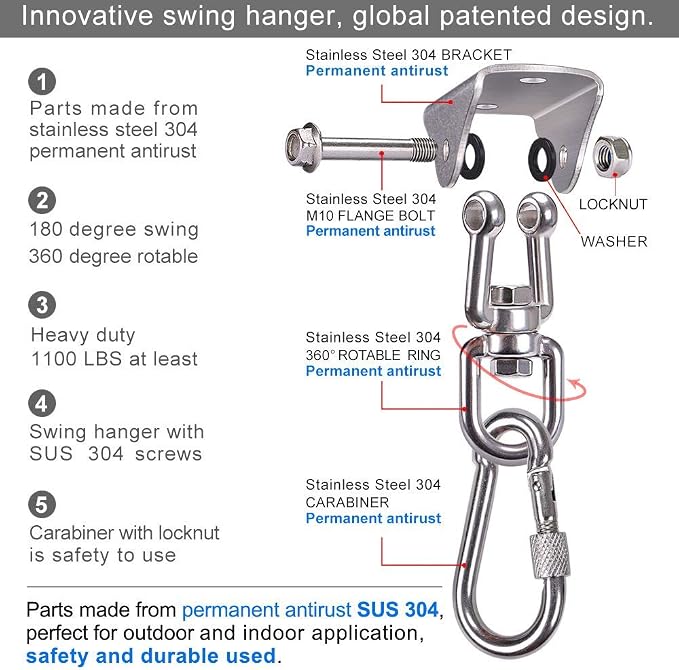 SELEWARE Swing Hangers Stainless Steel Swing Hooks Swivel Swing Mount Hardware w/Carabiners for Porch Swing Sets Hammock Chair Heavy Bag Yoga Silk Suspension Straps 1000 LB Capacity Each 2 Pack