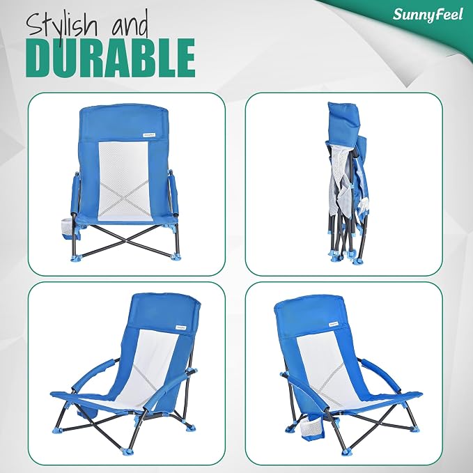 SUNNYFEEL Low Folding Beach Chair for Adults, Portable Lightweight Sling Beach Camping Chairs with Cup Holder, Armrest,Foldable Camp Lawn Chair for Outdoor Sand Concert Travel Sport Events,300LBS