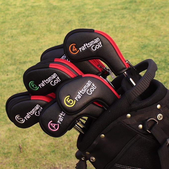 Craftsman Golf 11pcs /Set (4,5,6,7,8,9,A,S,P,L,X) Synthetic Leather Black with Red Edge Iron Head Cover Headcover Set for Callaway Ping Etc. with Zipper