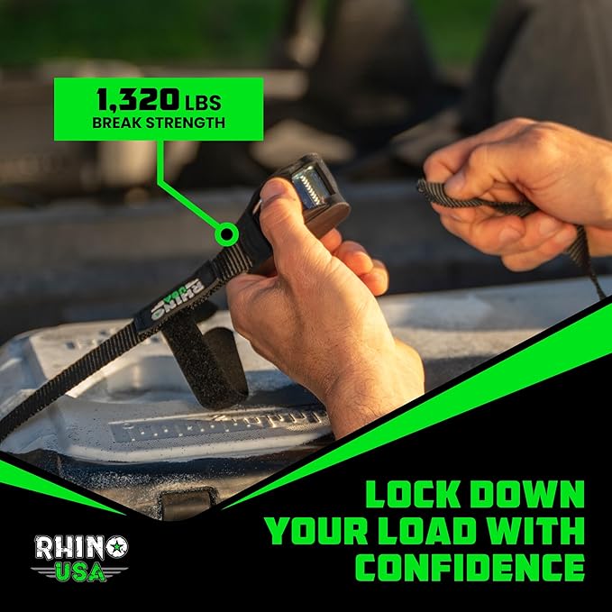 Rhino USA Lashing Straps (4-Pack), Heavy Duty Cam Buckle Tie Down Straps, 1in x 12ft Pull Straps, 1320lb Break Strength, Roof Rack Straps for Kayak, Cooler, Cargo
