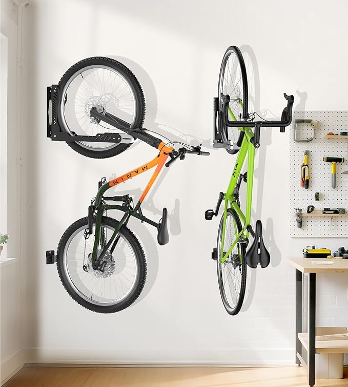 ALIXUEQIN Swivel Bike Wall Mount 2 Pack Bike Rack for Garage, No Heavy Lifting Required Wall Bike Hangers Can Holds up to 77 lbs (Black & White)