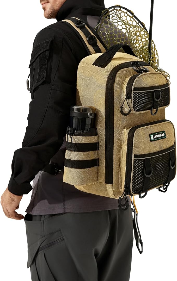 22L Wading Fishing Tackle Sling Bag, Holds 3x 3700 Boxes, Tan | Hands Free Lure Casting, Large Crossbody Shoulder Backpack with Rod Holder, Water Bottle Holder, 12 Heavy Duty D Rings