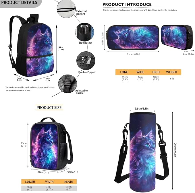 Kids School Bag for Girls Cat Backpack and Lunch Box Pencil Case Water Bottle Holder 4 PCS School Accessories Back to School Supplies