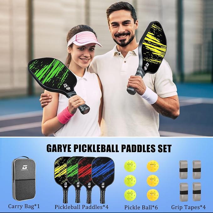 GARYE Pickleball Paddles Set of 2 or 4, USAPA Approved Carbon Fiber Pickleball Set, Lightweight Pickle Ball Rackets 2 Pack with 6 Balls, 1 Bag, Pair of Grip Tapes, Pickle Ball Paddle for Men and Women