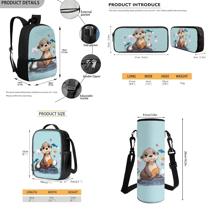 Sea Otter Backpack for Girls School Bag with Lunch Bag Pencil Case Water Bottle Holder 4PCS School Daypack Travel Bag Satchel Bagpack Back to School Supplies