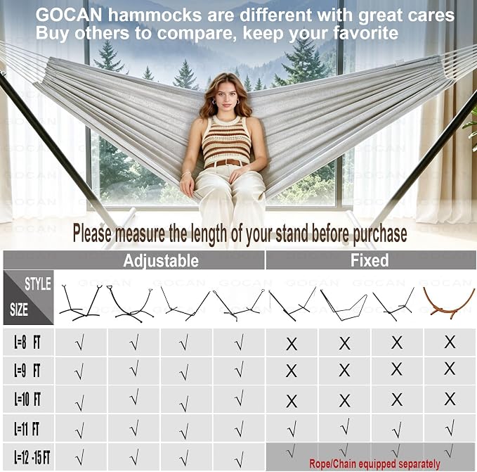 GOCAN Brazilian Double Hammock 2 Person Extra Large 330X150cm Load Capacity 600Pound Canvas Cotton Hammock for Patio Porch Garden Backyard Lounging Outdoor and Indoor XXL(Grey)