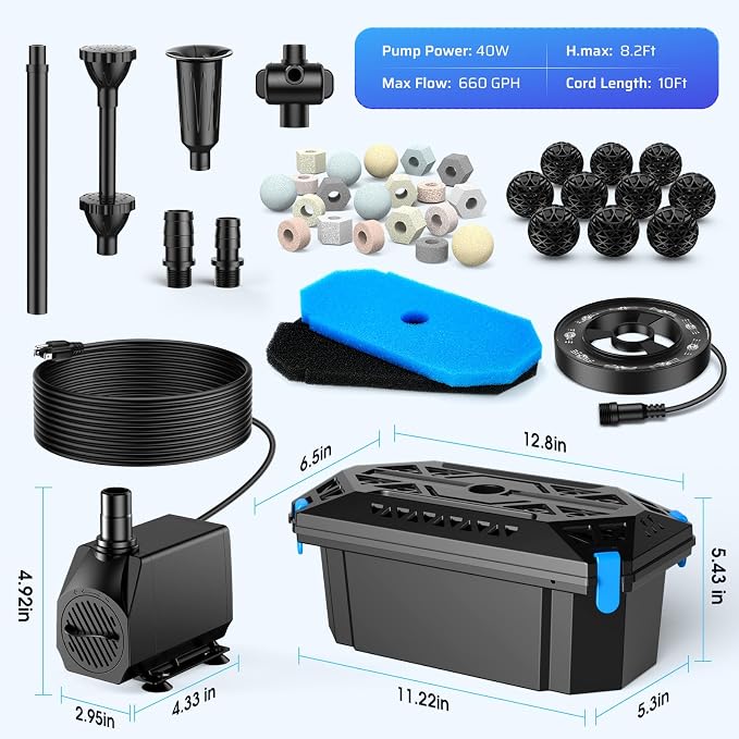 Antfraer Pond Filter with Fountain Kits, 660GPH Submersible Pond Pump with RGB LED Lights, All-in-One Pond Filter for Outdoor Ponds, Koi Pond, Water Gardens & Waterfall, Up to 1300 Gallons