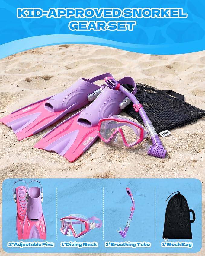 Aegend Snorkeling Gear for Kids Youth – 4-in-1 Snorkel Set with Anti-Fog Mask, Dry Snorkel & Adjustable Fins for Swimming, Diving, Snorkeling, Beach Vacation – Includes Travel Mesh Bag