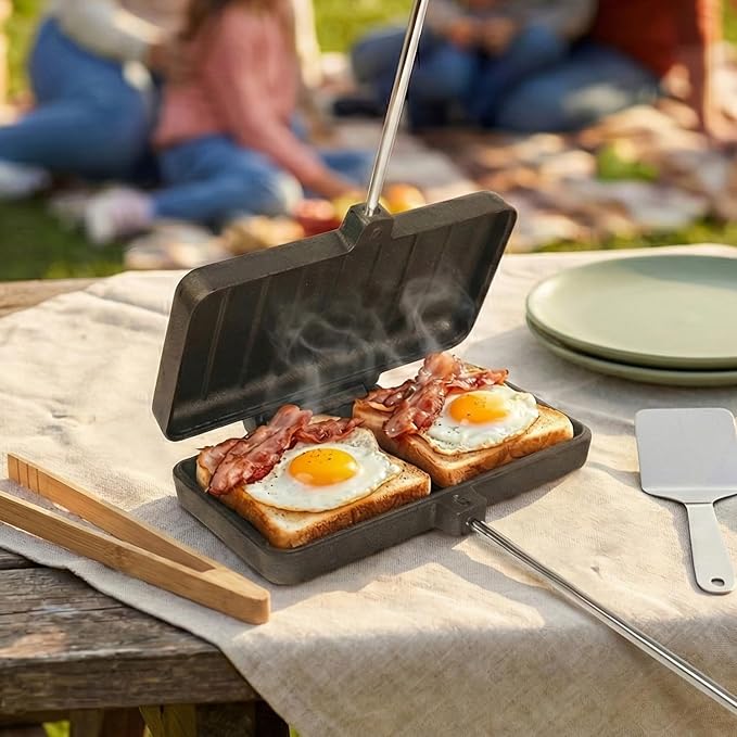 Campfire Pie Iron 8.6" Large Cast Iron Sandwich Maker for Camping with Storage Bag - 21.7 inch Adjustable Handles - Campfire Cooking Equipment for Grilling & Outdoor Cooking