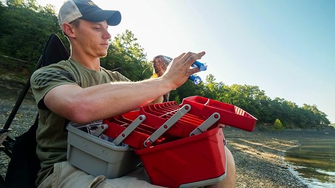 Flambeau Outdoors 6383 3-Tray Tackle Box, 32 Compartments, Red and Gray | Iconic cantilever 3-tray box, 32 compartments with 13 removable dividers, Draw Tite latch, Tip-Guard supports