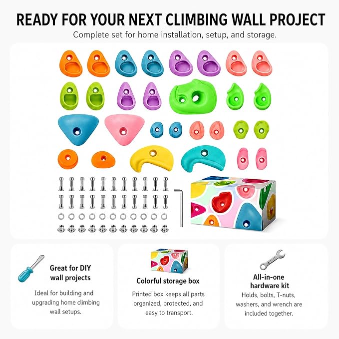 36 Pack Rock Climbing Holds with M10 Hardware, Textured Resin Wall Grips | Assorted shapes for route setting; fits garage & home gym wood walls; 230lb capacity; adult install required