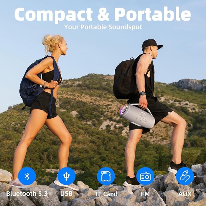 HEAVY BASS Speakers Bluetooth Wireless, 80W Max Loud Portable Speaker with Bass, 20H Playtime, IPX6 Waterproof, Dual Pairing, Perfect for Outdoor Camping,Beach