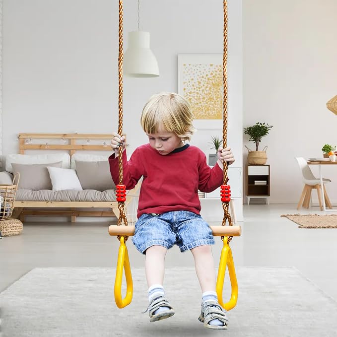 Covzoe Trapeze Bar, 16" Adjustable Height Wooden Swing Set, Trapeze Climbing Bar Assembly with Rings, Gym Hanging Accessories Playground Attachments