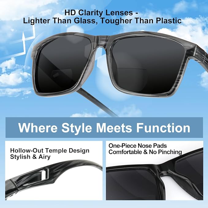 Missfive 2-Pack Mens Snazzy Bifocal Sunglasses with Readers Built-in, Rugged TR90 Lightweight Vented Temples, Dark Outdoor Reading Glasses UV400 Sun Protection for Driving/Travelling, 3.0x