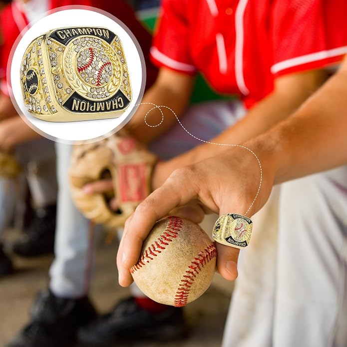 24 Pcs Baseball Championship Rings Baseball Championship Trophy Rings Sport Ball Award Gift with Display Neck Chain and Stand for Tournament or Champion Winner