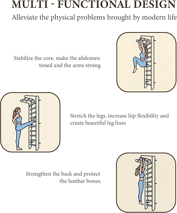 Multi-Function Gymnastics Swedish Ladder,Wall Mounted Wooden Gymnastics Bar,Indoor Home Gym for Kids & Adults