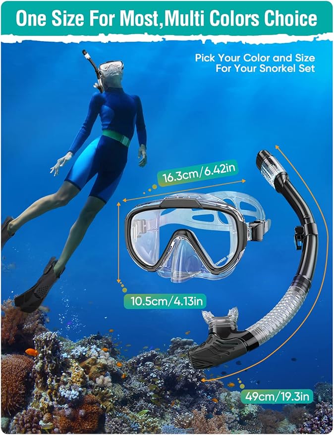Seovediary Snorkel Set Adults Snorkeling Gear Anti-Fog Panoramic View Swim Mask Dry Top Snorkel Kit with Carry Bag for Snorkeling Scuba Diving Swimming Travel