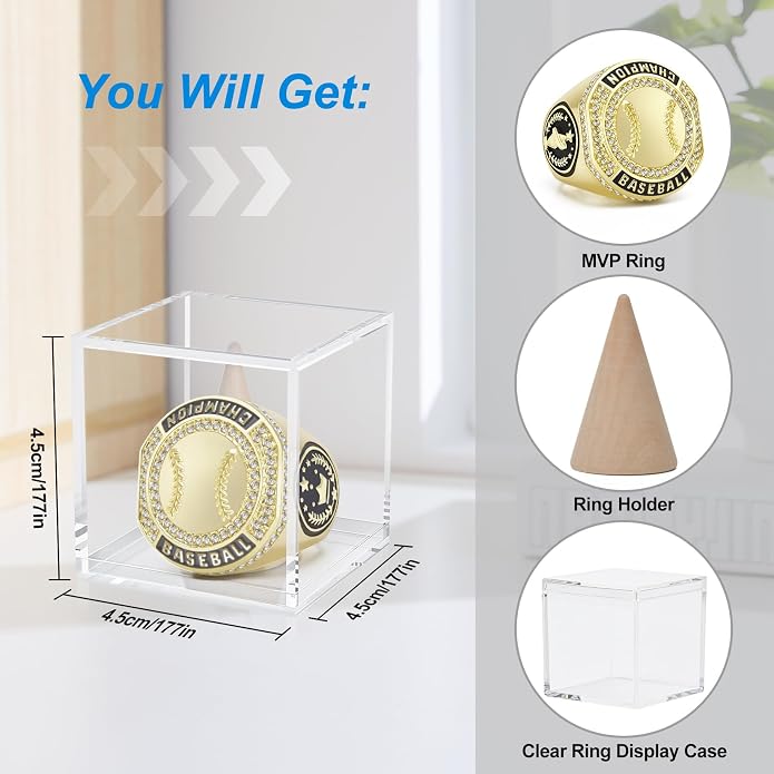 1-12 Pack MVP Football Baseball Basketball Soccer Champion Ring Championship Rings Most Valuable Player Football Baseball Basketball Soccer Gold Award Trophy Medals Ring with Display Case and Holder